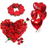 Kit Romántico de Velas y Pétalos. 50 Velas en Forma de Corazón + 1000 Pétalos de Rosa Roja de Seda + 5 Globos Corazón…